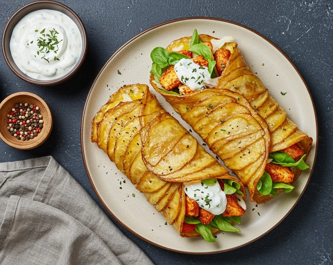 Crispy Potato Crust Wraps with Garlic Yogurt and Spiced Chicken