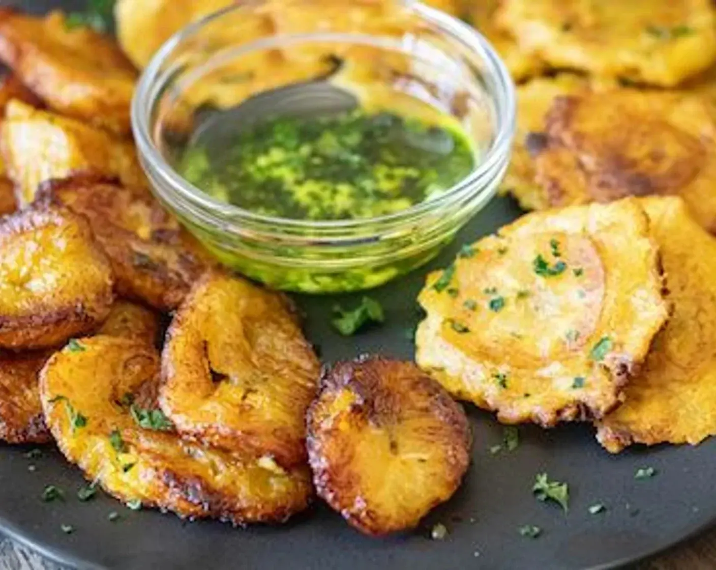 Dominican Green and Yellow Fried Plantains with Mojo Sauce