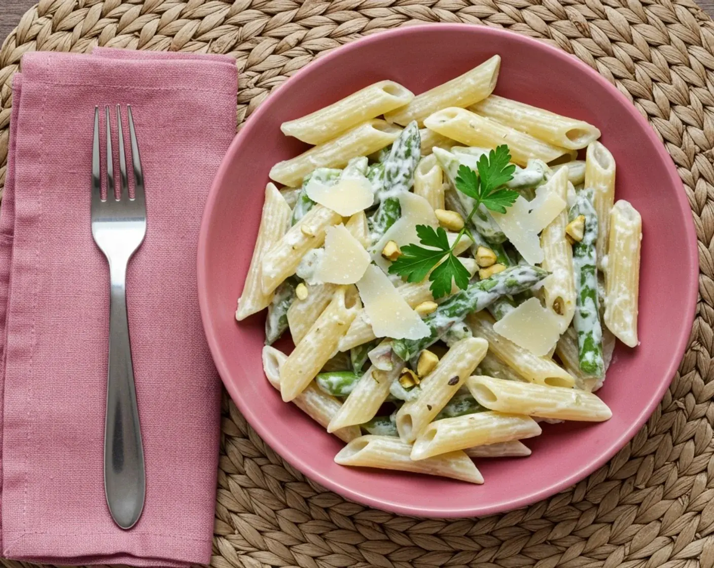 Light Pasta with Asparagus and Pistachio Pesto