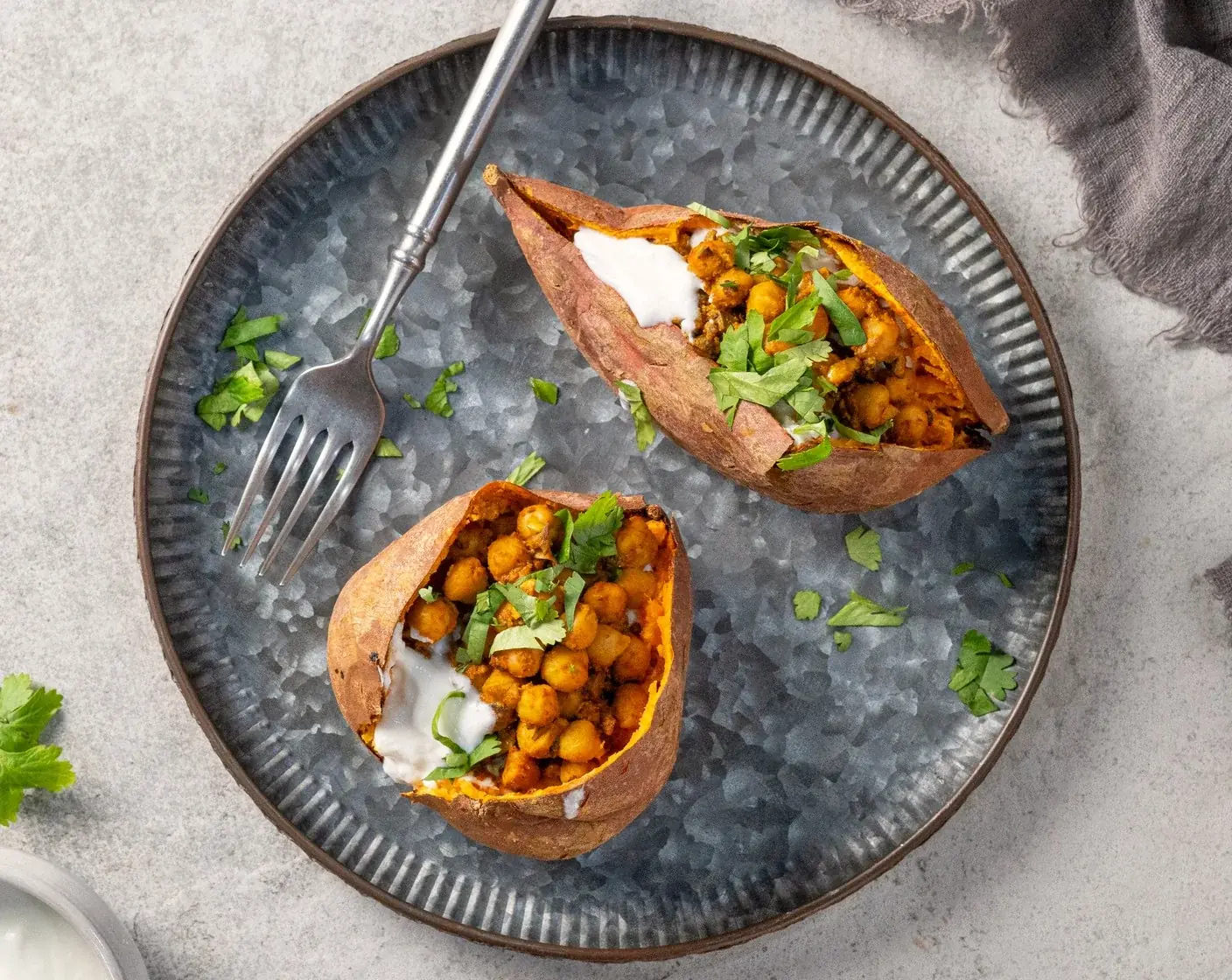 Loaded Sweet Potato with Curried Chickpea and Mushroom