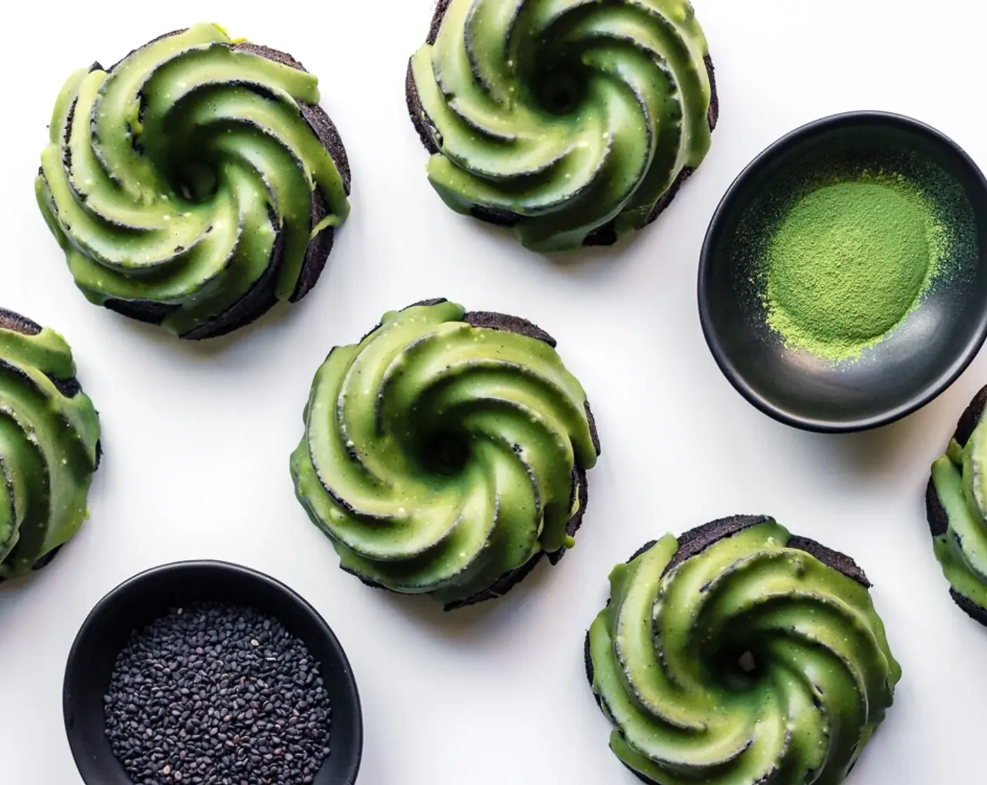 Matcha Glazed Black Sesame Bundt Cakes