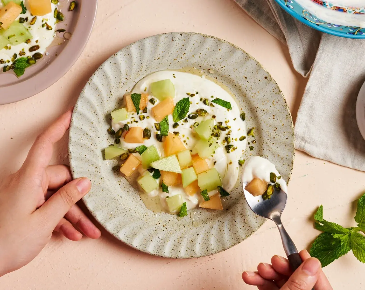 Melon with Honey Yogurt and Pistachios