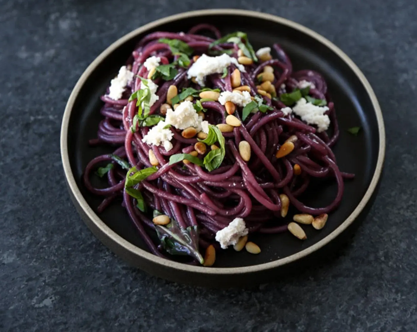 Red Wine Spaghetti with Ghee, Pine Nuts and Basil